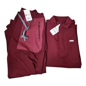Figs Scrub Set Mens Small Burgundy Chi Polo Shirt Chesoi Jogger Pants NEW